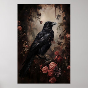Raven Floral Forest Print, Dark Academia, Gothic Poster