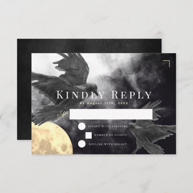 Raven & Golden Moon Gothic Wedding RSVP Card (Front/Back)