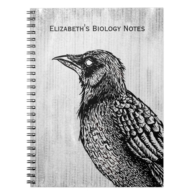 Raven Gothic Black White Horror Ink Drawing Name Notebook (Front)