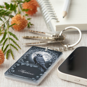 Raven gothic moonlight silver grey key ring