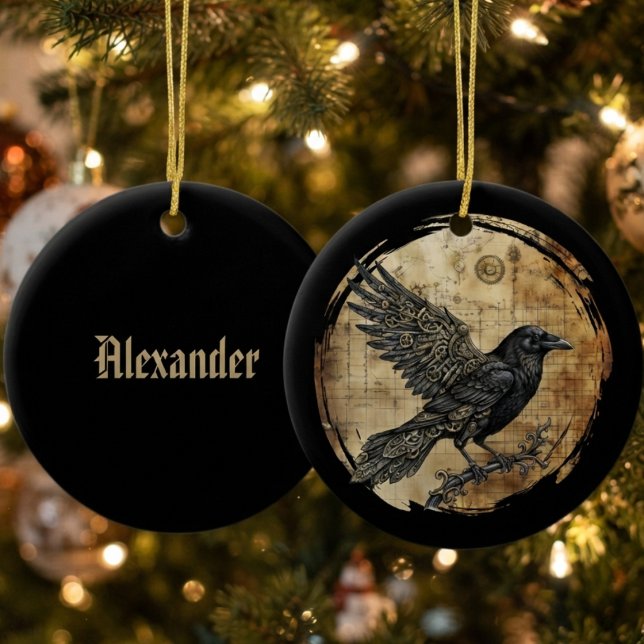 Raven Gothic Steampunk Art Ceramic Ornament (Steampunk obsidian raven ceramic ornament for gothic holiday lovers and Halloween tree decor.)