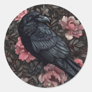 Raven gothic vintage flowers classic round sticker