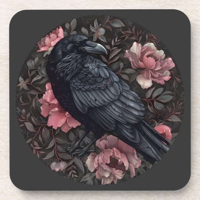 Raven gothic vintage flowers coaster (Front)