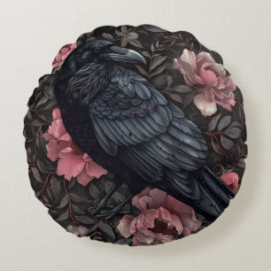 Raven gothic vintage flowers round cushion