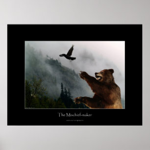 Raven & Grizzly Bear Fun Wildlife Art Poster