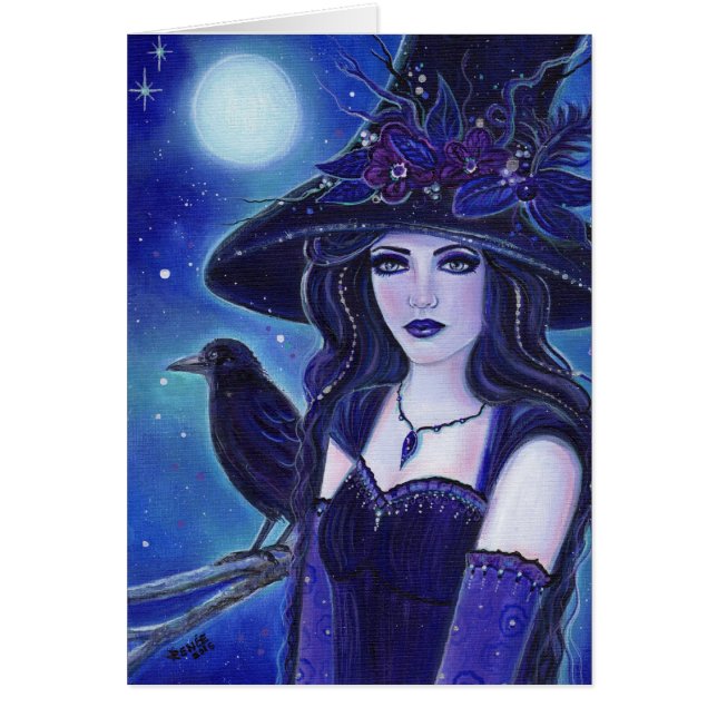 Raven Halloween witch greeting card by Renee (Front)