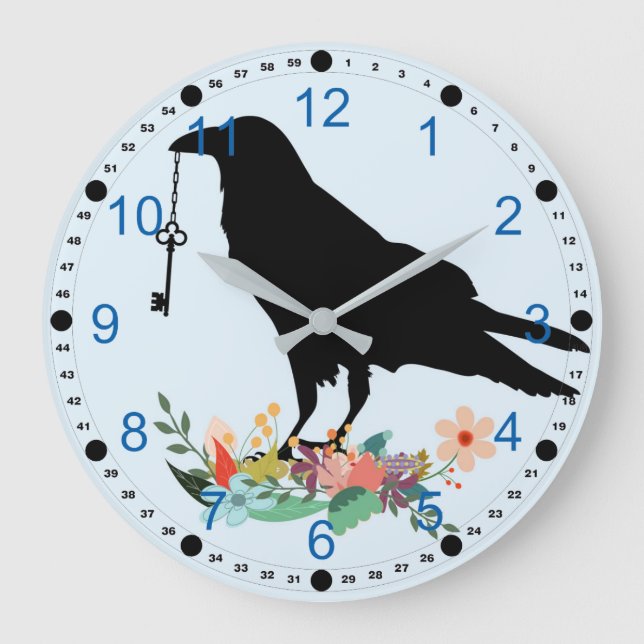 Raven Holding Key and Standing On Flowers Large Clock (Front)
