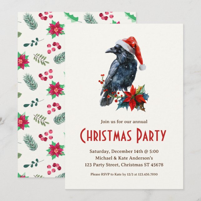 Raven in a Santa Hat Black Bird Christmas Party  Invitation (Front/Back)