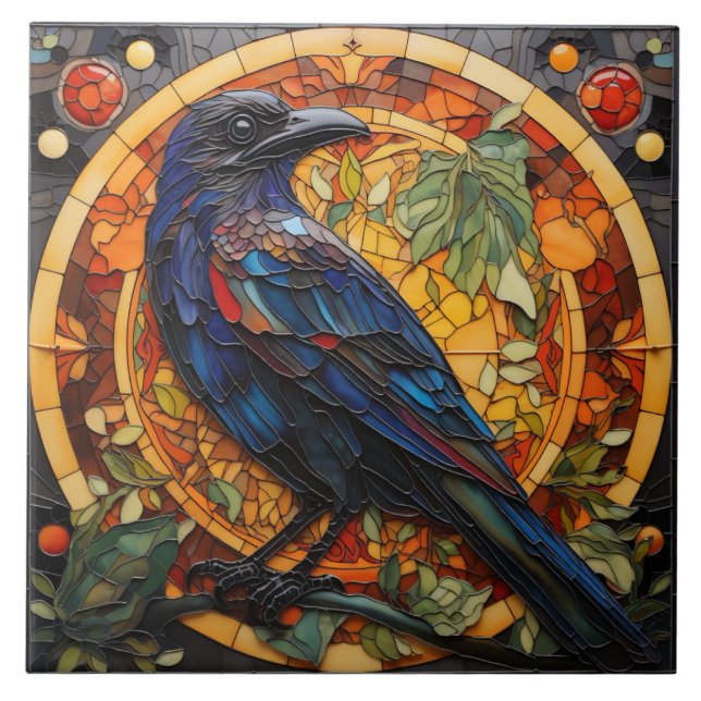Raven in Autumn, Stained Glass Window Ceramic Tile (Front)