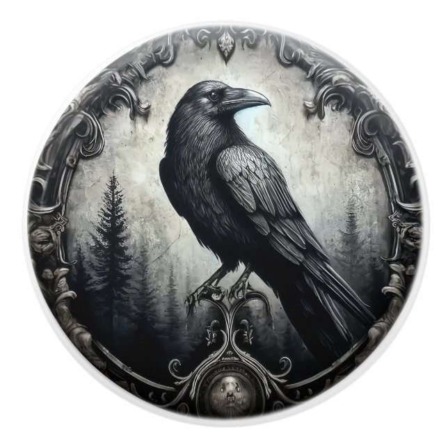 Raven in Dark Frame Gothic Ceramic Knob (Front)