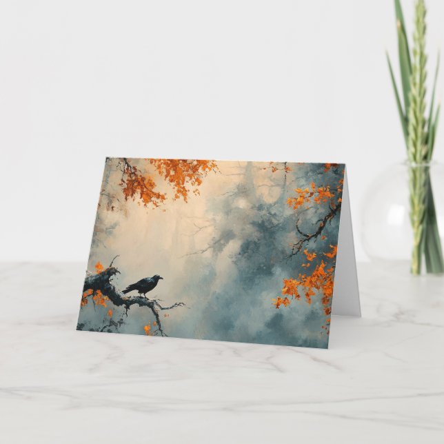 Raven in Misty Autumn Forest Card (Front)