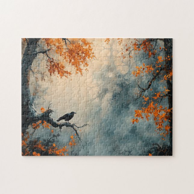 Raven in Misty Autumn Forest Jigsaw Puzzle (Horizontal)