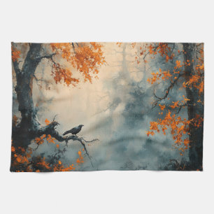 Raven in Misty Autumn Forest Tea Towel