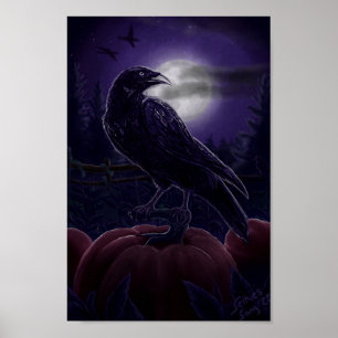 Raven in Pumpkin Patch Poster