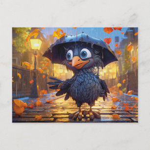 Raven In Rainy Autumn Street With Umbrella Postcard