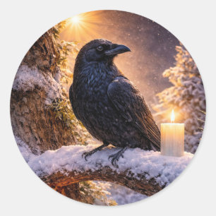 Raven in Snow Winter Solstice Candle Mystical Classic Round Sticker