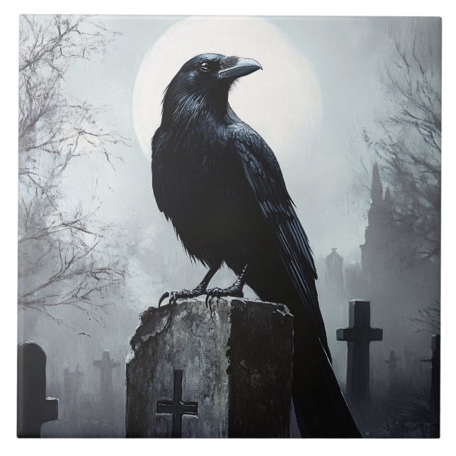 Raven in the Cemetery Gothic Ceramic Tile (Front)