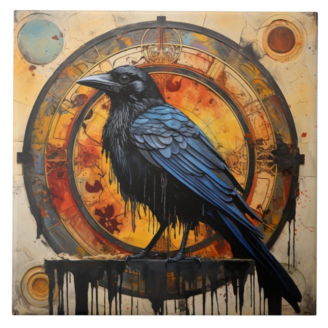 Raven Inspired Bird with Amber Clockwork Ceramic Tile (Front)