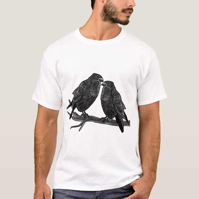 Raven love crow bird on branch family art T-Shirt (Front)