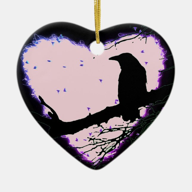 Raven Love Forever Cracked Glowing Heart Ceramic Ornament (Front)