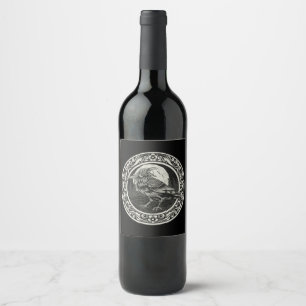 Raven Medallion Carving Art Bird Nature Classic Wine Label