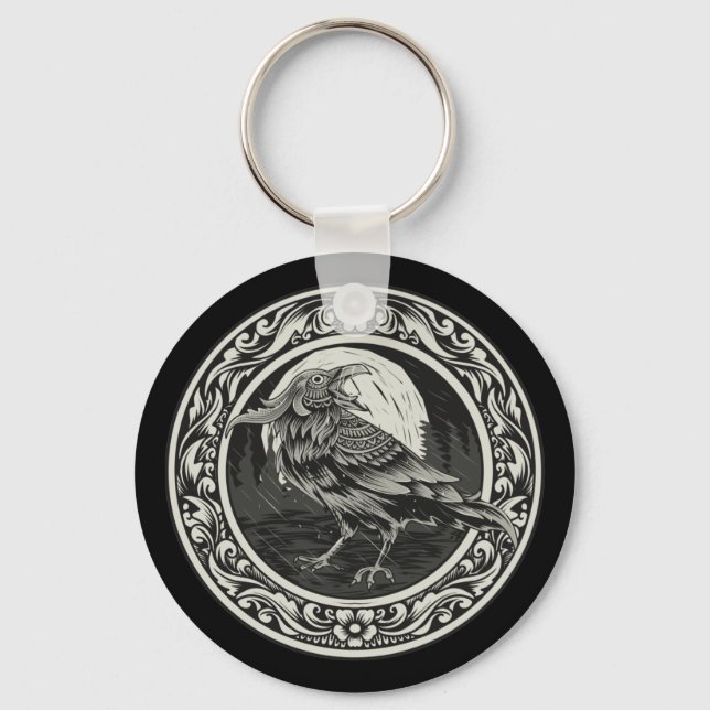 Raven Medallion Carving Art Bird Nature   Key Ring (Front)