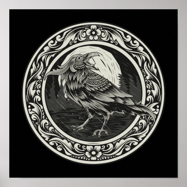 Raven Medallion Carving Art Bird Nature Poster (Front)