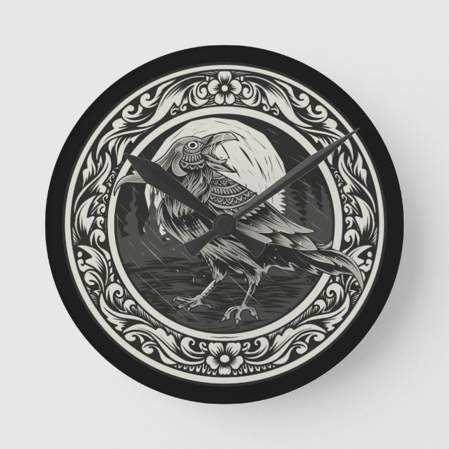 Raven Medallion Carving Art Bird Nature   Round Clock (Front)