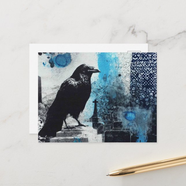 Raven Mixed Media Collage Postcard (Front/Back In Situ)