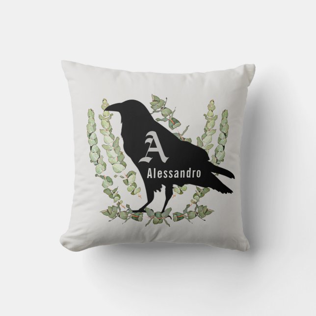 Raven Monogram Spirit Animal Totem White Cushion (Front)