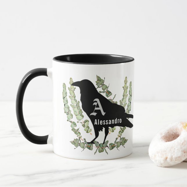 Raven Monogram Unisex Spirit Animal Eucalyptus Mug (With Donut)