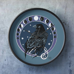 Raven Moon Phases Stars Blue Clock