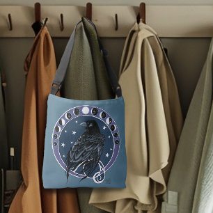 Raven Moon Phases Stars Blue Crossbody Bag