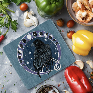 Raven Moon Phases Stars Blue Cutting Board