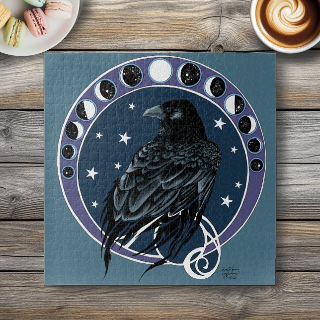 Raven Moon Phases Stars Blue Jigsaw Puzzle (Creator Uploaded)
