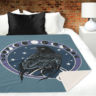 Raven Moon Phases Stars Blue Sherpa Blanket