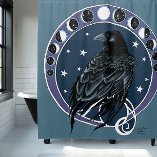 Raven Moon Phases Stars Blue Shower Curtain