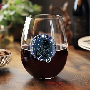 Raven Moon Phases Stars Blue Stemless Wine Glass