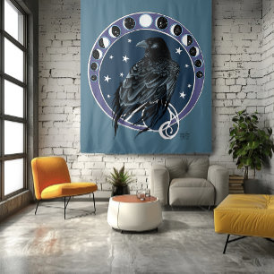 Raven Moon Phases Stars Blue Tapestry