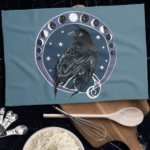 Raven Moon Phases Stars Blue Tea Towel