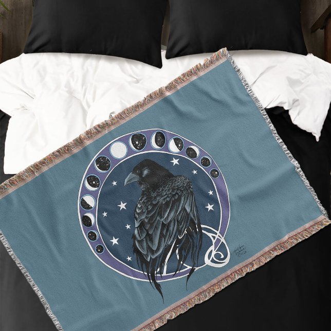 Raven Moon Phases Stars Blue Throw Blanket (Creator Uploaded)