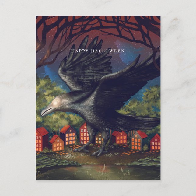 Raven Moonlight Witches Halloween Night Postcard (Front)