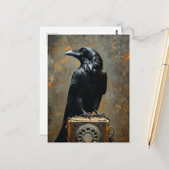 Raven on a Phone Postcard (Front/Back In Situ)
