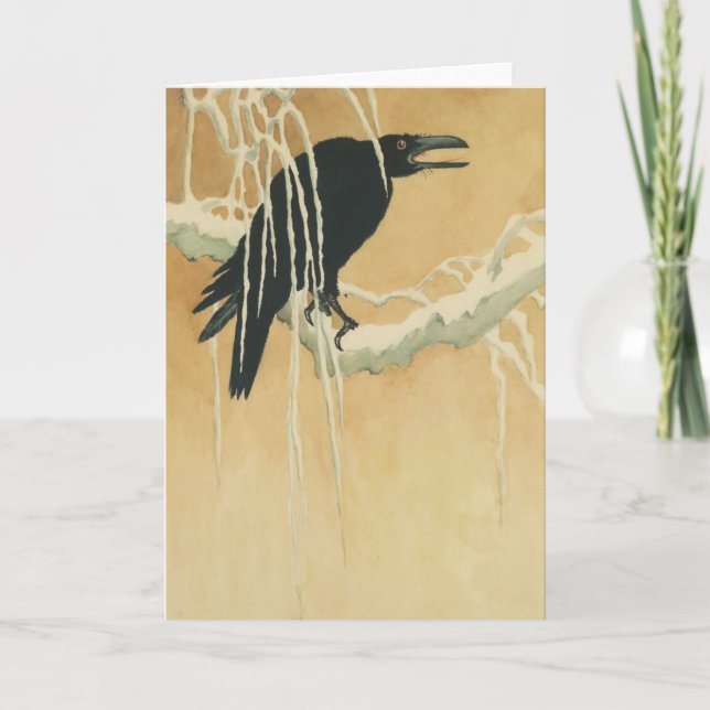 Raven on a tree branch crow winter illustration card (Front)