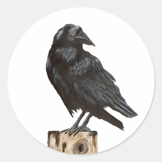 Raven on a Tree Stump Classic Round Sticker (Front)