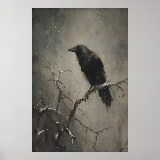 Raven On Bare Branch, Gothic Crow Bird Wall Art (Front)