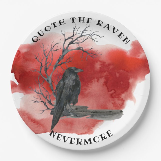 Raven on Branch Blood Red Background Paper Plate (Front)