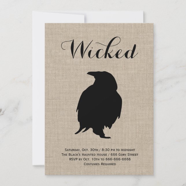 Raven on Burlap Halloween Party Invitation (Front)
