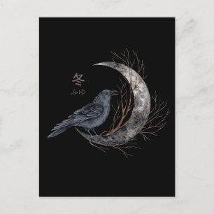 Raven on Crescent Moon with Winter Kanji Postcard