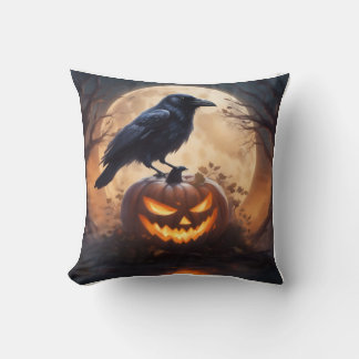 Raven on Jack-O-Lantern throw pillow